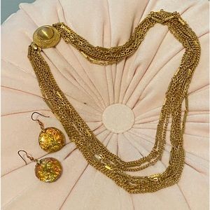 🩷VINTAGE MULTI CHAIN NECKLACE & EARRINGS WITH COLORED FOIL